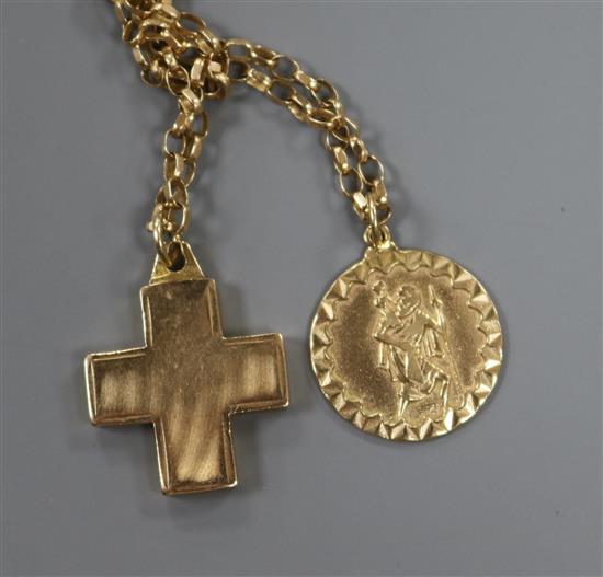 A 9ct yellow gold St Christopher medallion on chain, with cross pendant, 13.5 grams.
